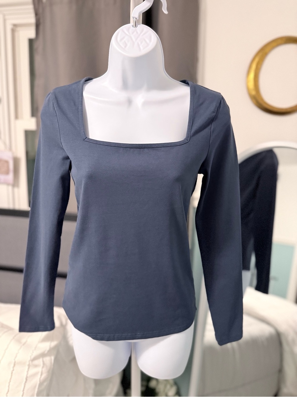 Mango Slate Blue Long Sleeve Square Neck Tee
